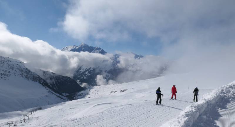 Ski slope in La Rosiere in France. French alps winter landscape.