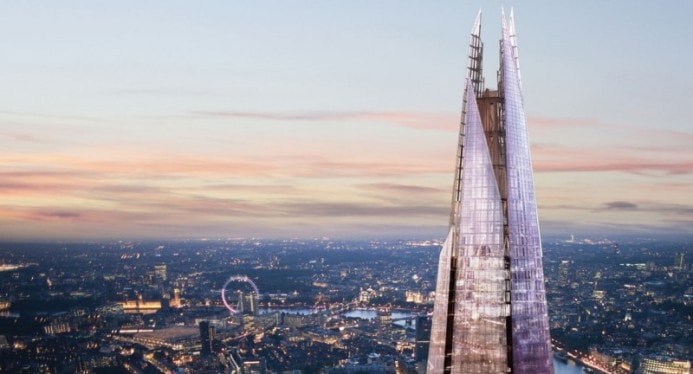 a view of london's skyline with the shard in the foreground