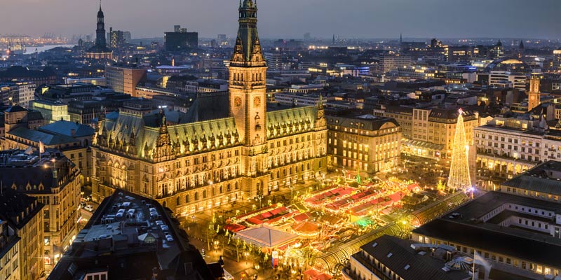 Aerial view of the City Hall with the Christmas market in Hamburg