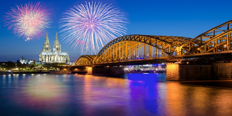 Cologne skyline with fireworks