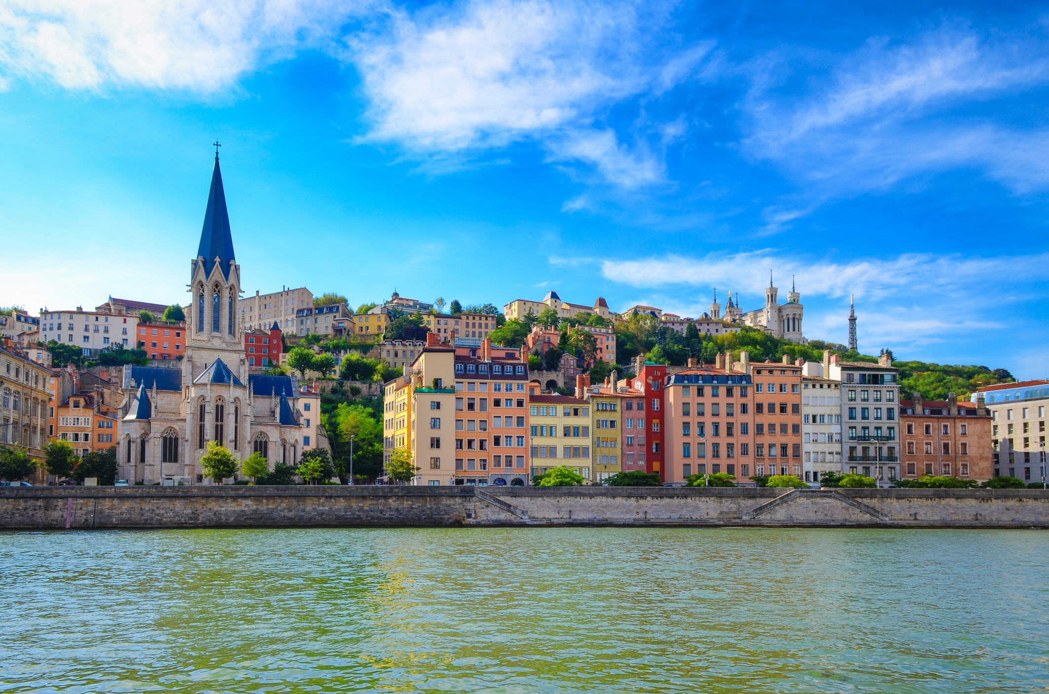 Lyon cityscape from Saone river with colorful houses