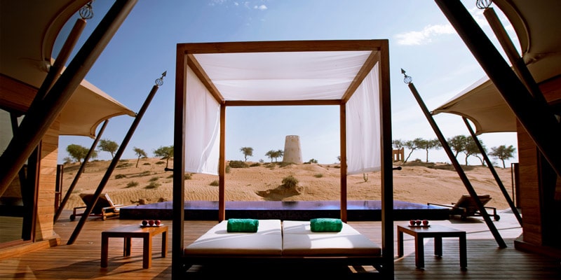 Al Maha Desert chill out room overlooking a desert fort in RAK