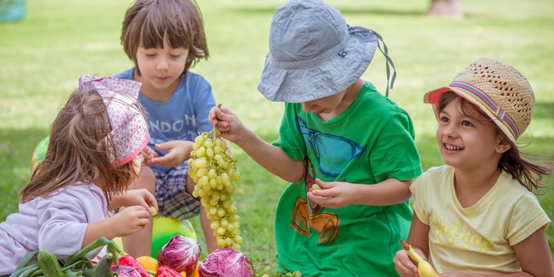 children with a large basket of fruit and vegetables on the grass at Princess Resort Skiathos