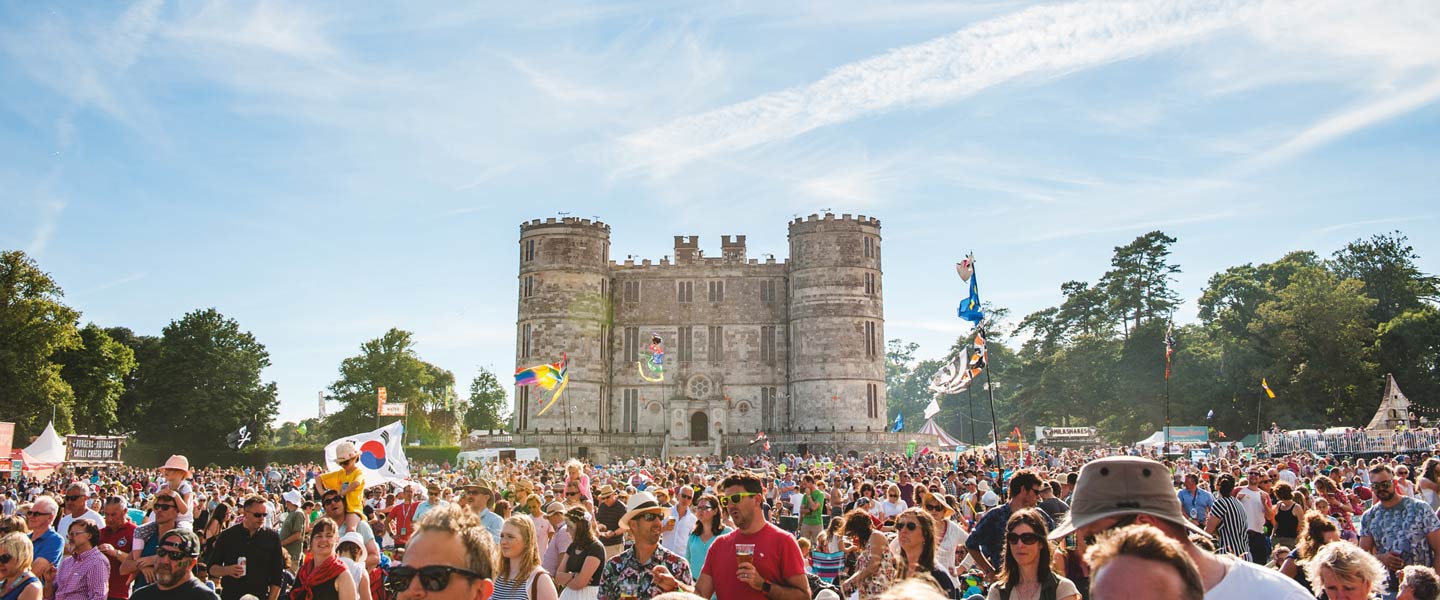 Camp Bestival crowds infront of Lulworth Castle