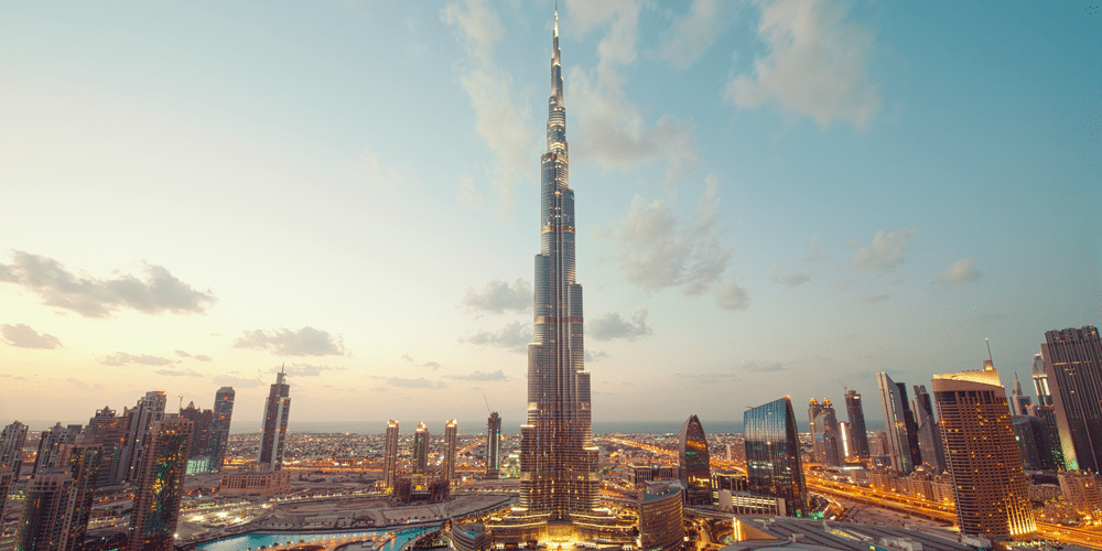 View of Burj Khalifa Downtown Dubai winter sun breaks