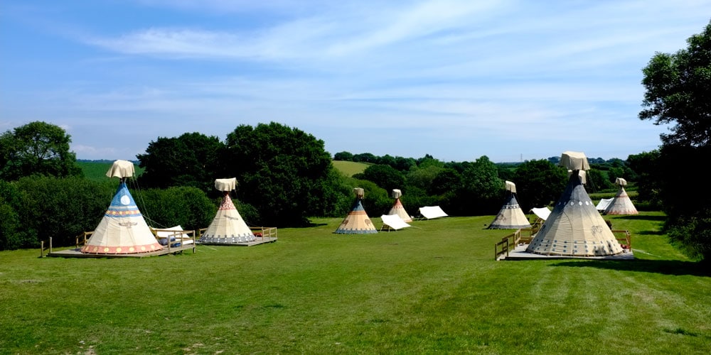 Tipi tents in a field