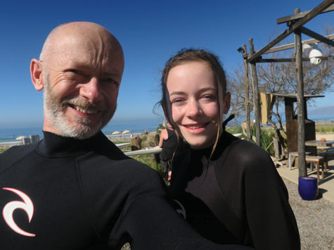 Mark and Helena Hodson in wetsuits, Paradis Plage, Morocco