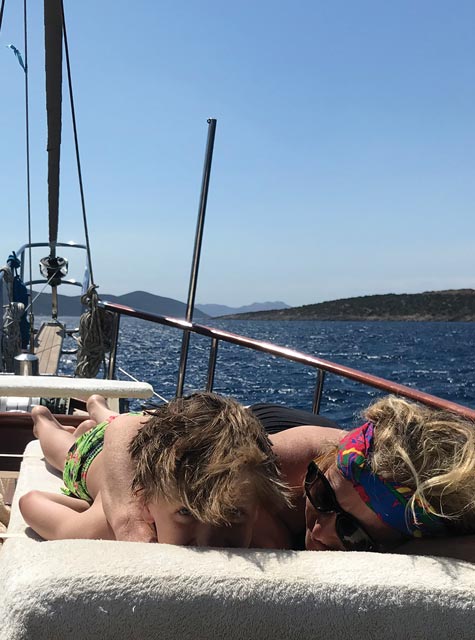 Beach holiday in Turkey, Josie Da Bank and son on boat, Lux Bodrum, Turkey