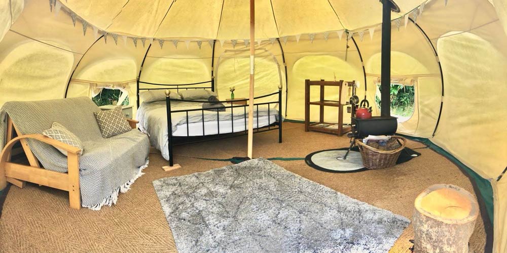 Inside of bell tent at Tre-End Glamping