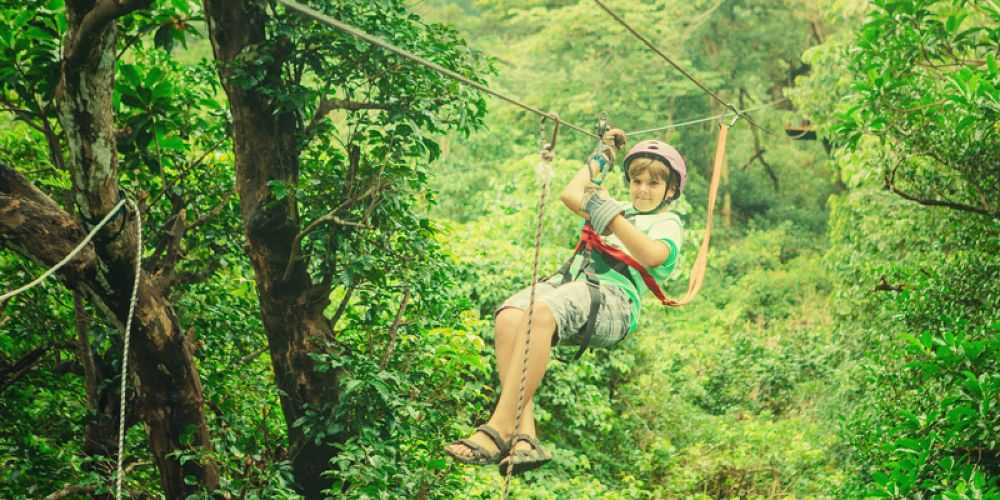 young boy in hardhat and harness on flying fox in forest