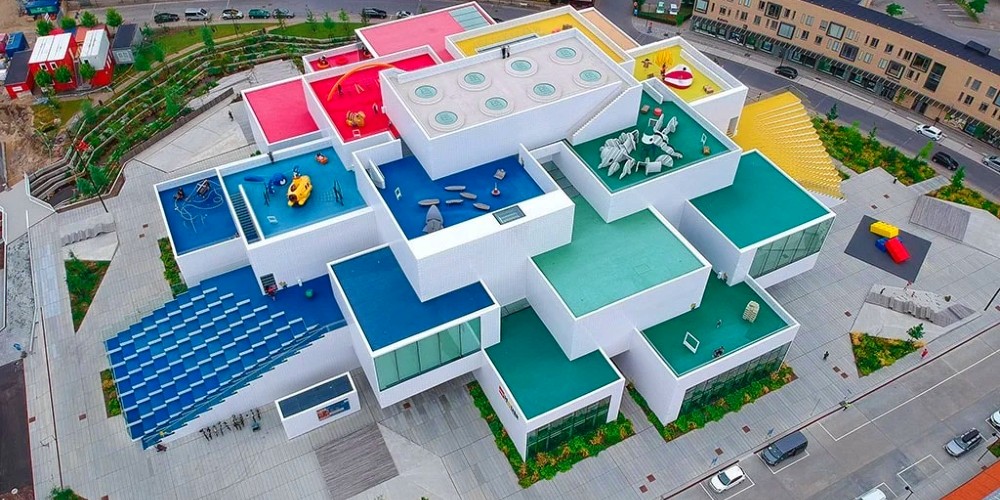 Aerial view of the Lego House Billund Denmark with rooftop playgrounds