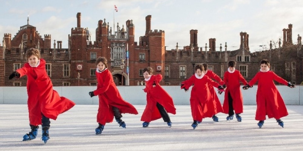 choirboys skating at Hampton Court Palace UK outdoor ice rinks winter 2021
