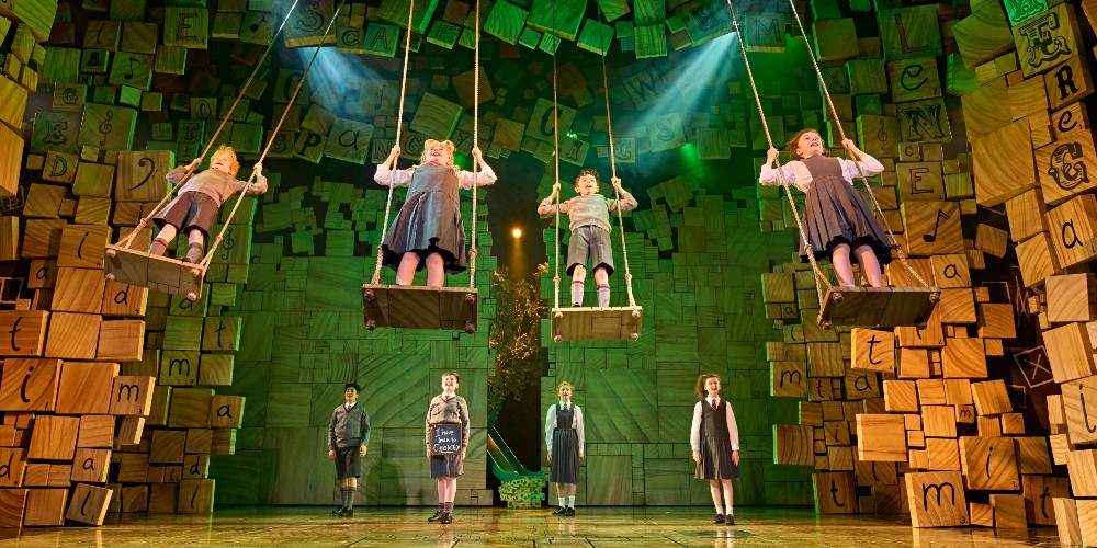 young-cast-on-giant-swings-matilda-the-musical-cambridge-theatre-london-march-2022