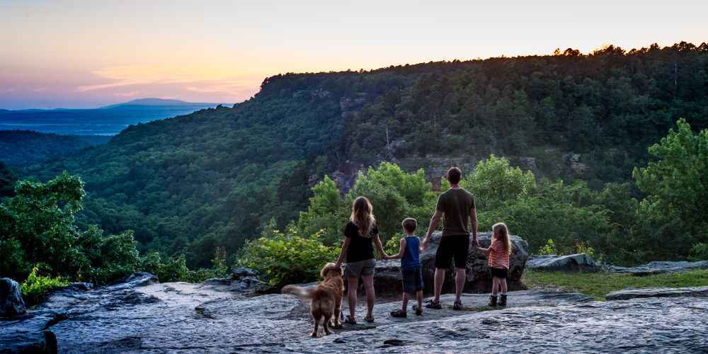 mom-dad-and-two-young-kids-with-dog-at-petit-jean-overlook-on-an-arkansas-family-vacation