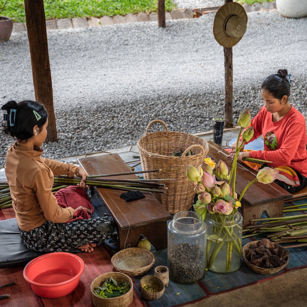 two young women prepping up harvested lotus