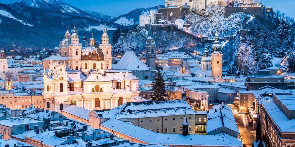 Salzburg Baroque city centre covered in snow during winter 