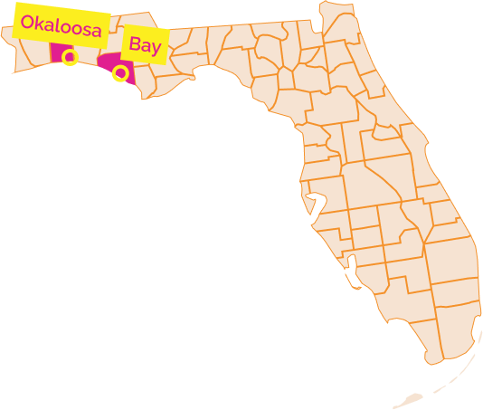 Map of Florida Highlighting where Destin Fort Walton Beach and Panama City Beach are located